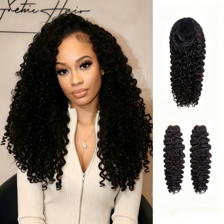 KRN Burmese Curly Half Wig with Feather Crochet Hair