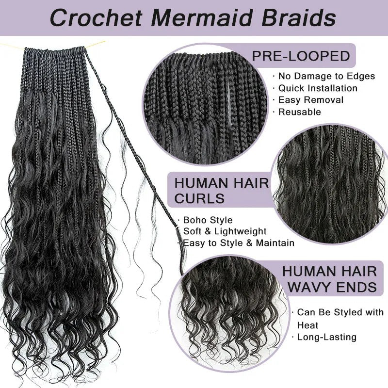 Crochet Mermaid Braids with Human Hair Curls Pre-Looped Loose Wave