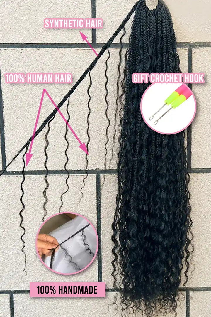 Pre-Looped Boho Crochet Box Braids with Human Hair Deep Wave Curls 20 Strands