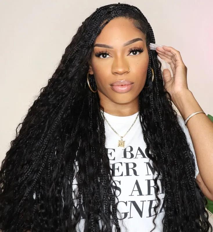 Boho Box Braid Crochet Hair with Human Hair Curls Crochet Braids Synthetic Braids with Human Hair Curls Ends for Black Women