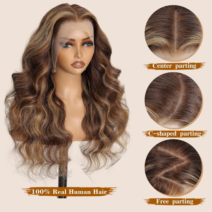 360 Invisible Strap Transparent Lace Wig 4/27 Highlight Body Wave