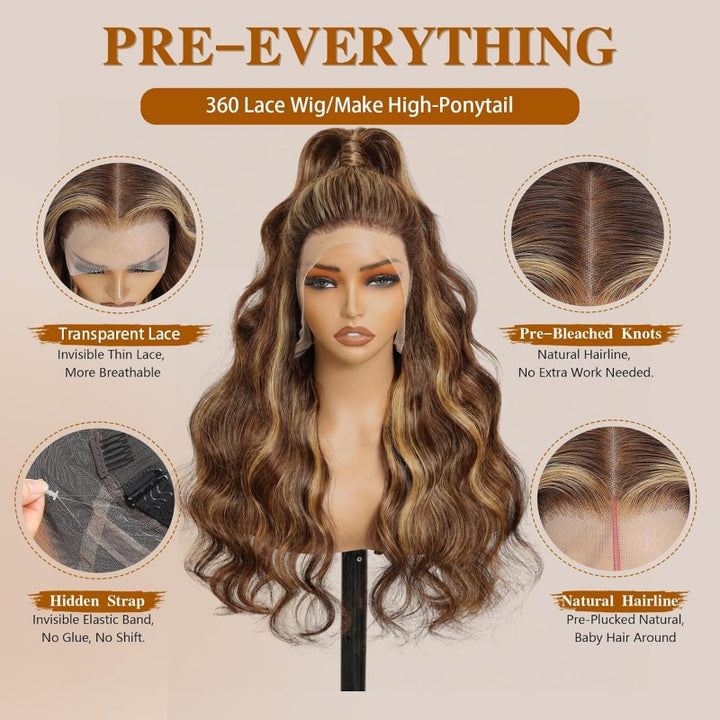 360 Invisible Strap Transparent Lace Wig 4/27 Highlight Body Wave