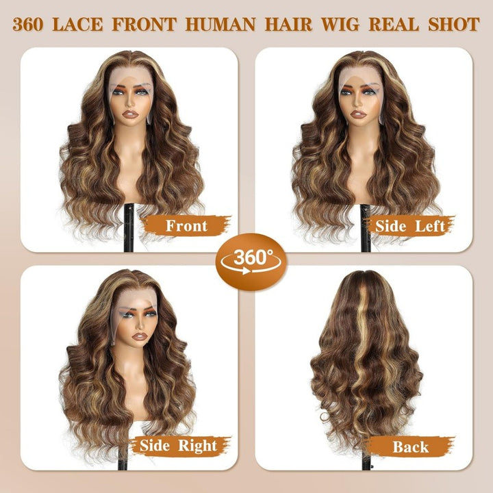 360 Invisible Strap Transparent Lace Wig 4/27 Highlight Body Wave