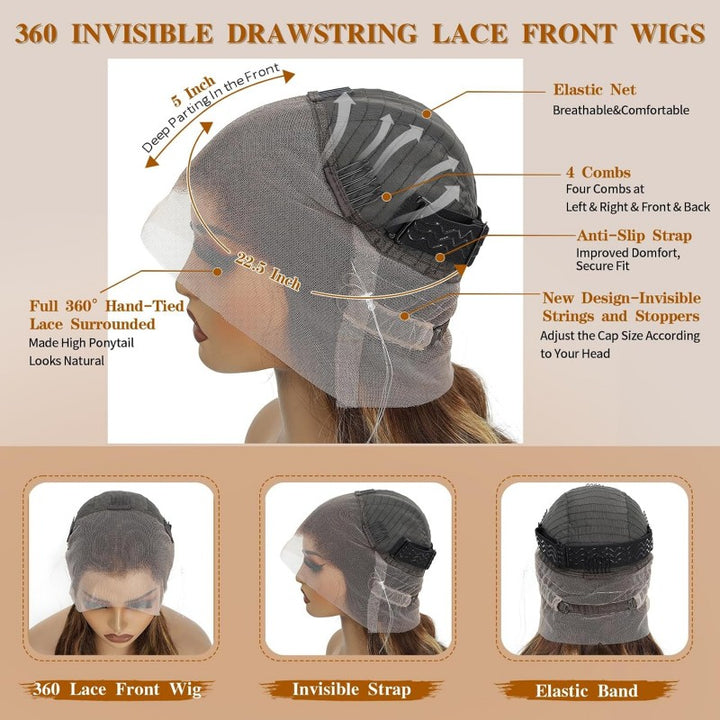 360 Invisible Strap Transparent Lace Wig 4/27 Highlight Body Wave