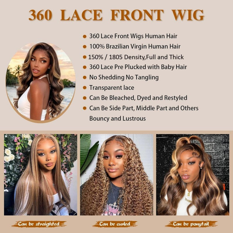 360 Invisible Strap Transparent Lace Wig 4/27 Highlight Body Wave