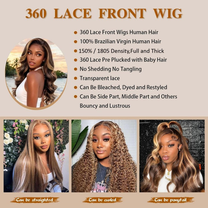 360 Invisible Strap Transparent Lace Wig 4/27 Highlight Body Wave