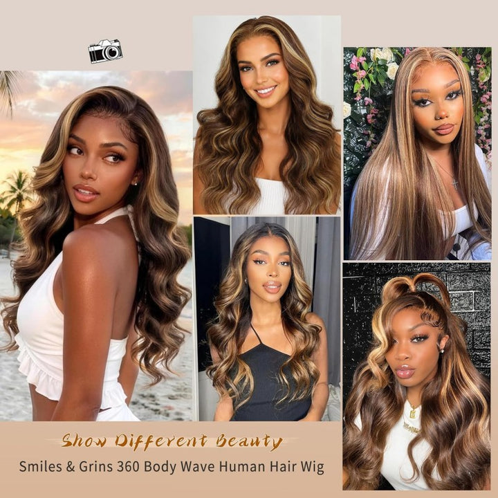 360 Invisible Strap Transparent Lace Wig 4/27 Highlight Body Wave