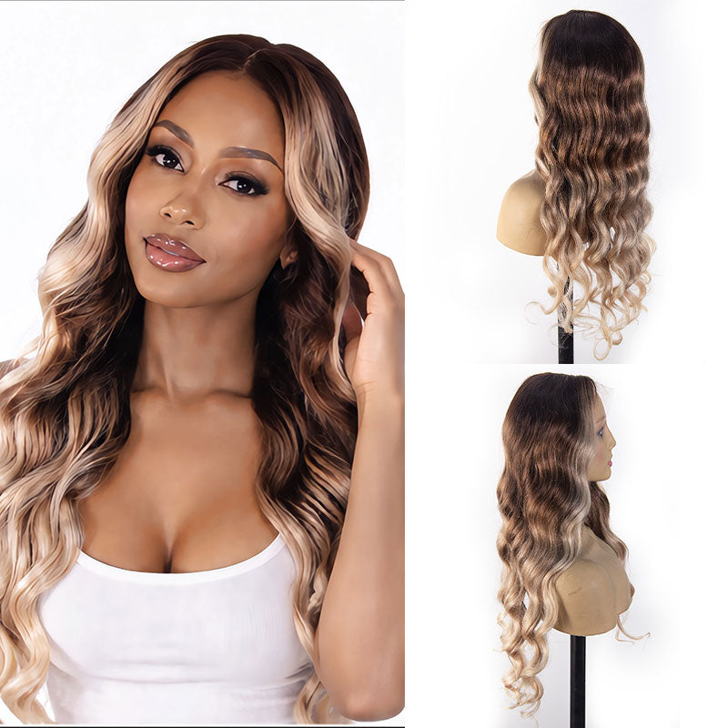 360 Invisible Strap Transparent Lace Wig Balayage Ombre Brown to Blonde Body Wave