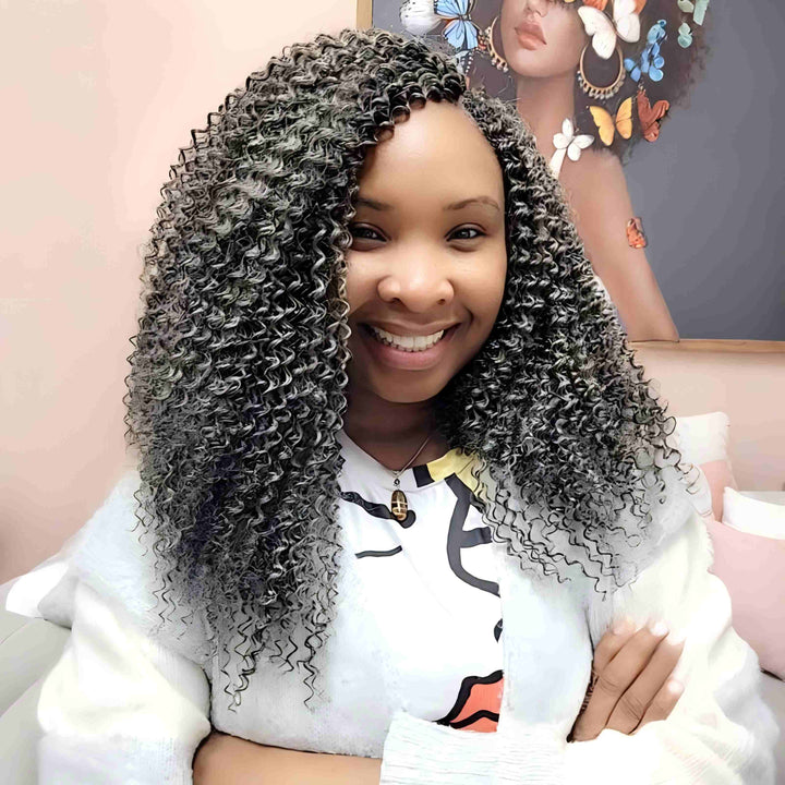 Salt & Pepper Small Kinky Curly  Crochet Hair Feather Human Hair Extensions