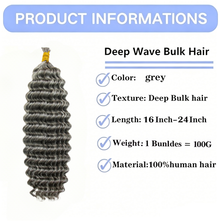 KRN Salt & Pepper Deep Wave Bulk Human Hair For Braiding
