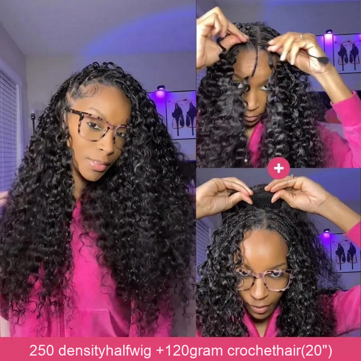 KRN Burmese Curly Half Wig with Feather Crochet Hair