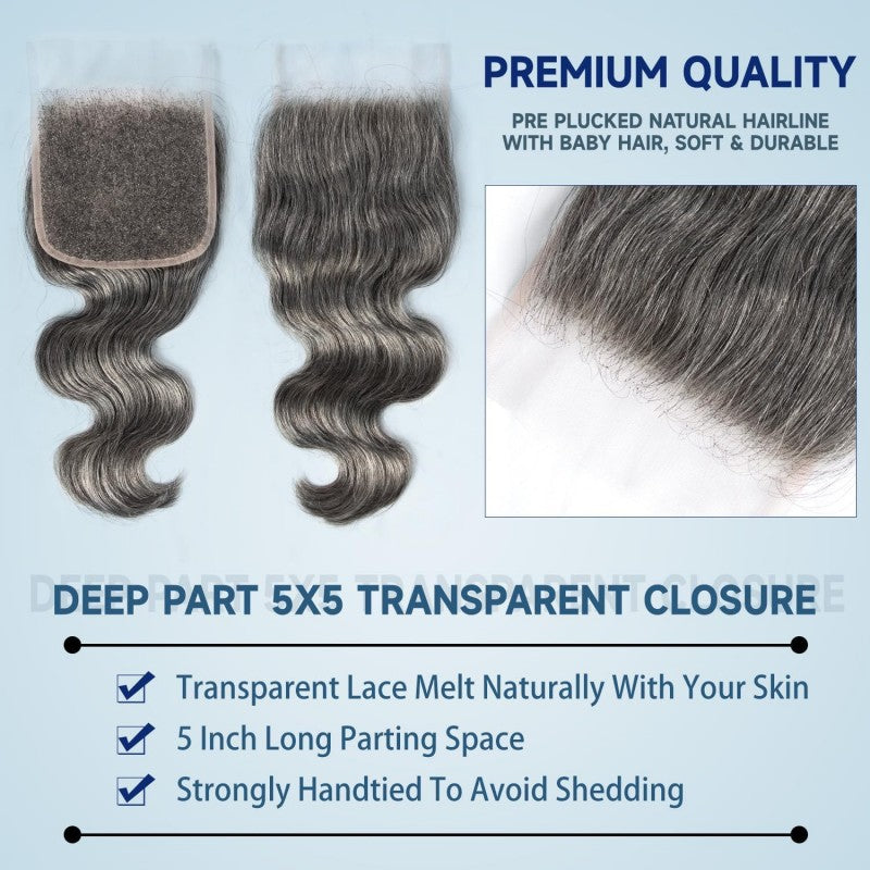 5X5 Invisible Transparent Lace Closure Salt Pepper Boby Wave