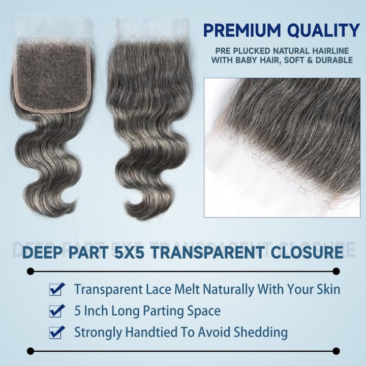 5X5 Invisible Transparent Lace Closure Salt Pepper Boby Wave