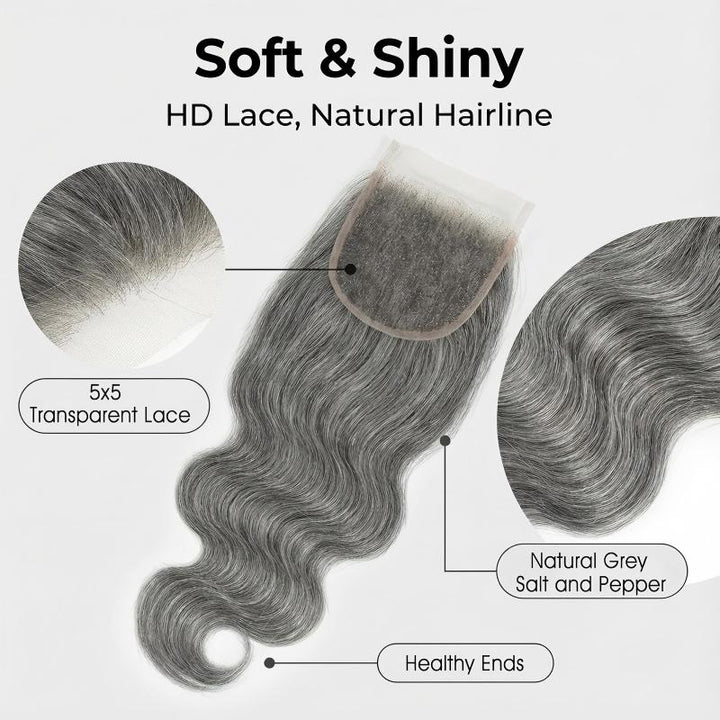 5X5 Invisible Transparent Lace Closure Salt Pepper Boby Wave