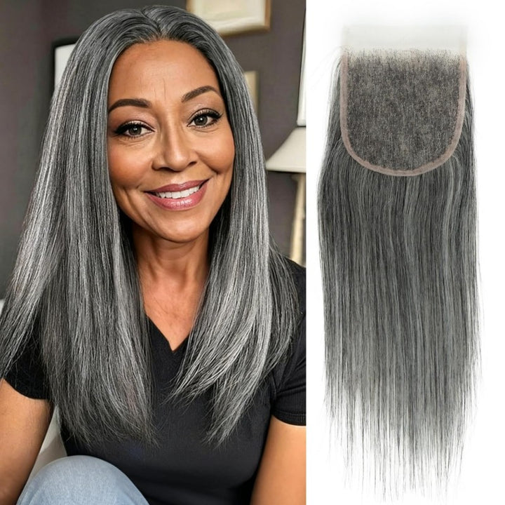 5X5 Invisible Transparent Lace Closure Salt Pepper Straight