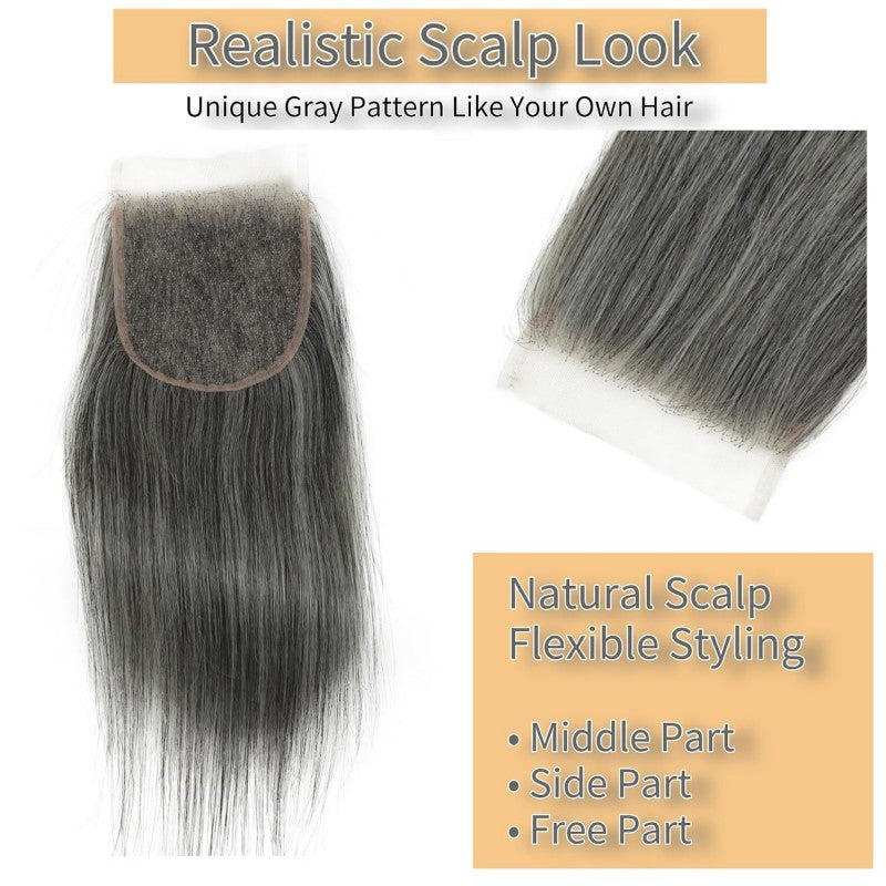 5X5 Invisible Transparent Lace Closure Salt Pepper Straight