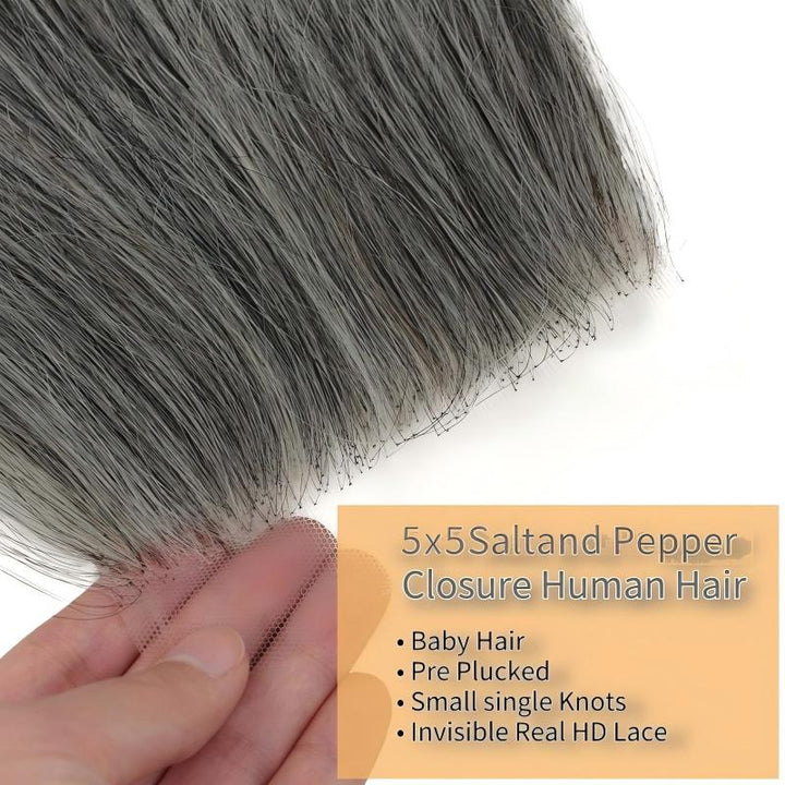 5X5 Invisible Transparent Lace Closure Salt Pepper Straight