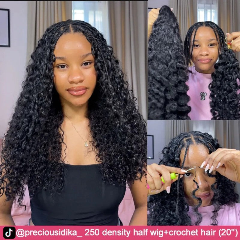 KRN Burmese Curly Half Wig with Feather Crochet Hair
