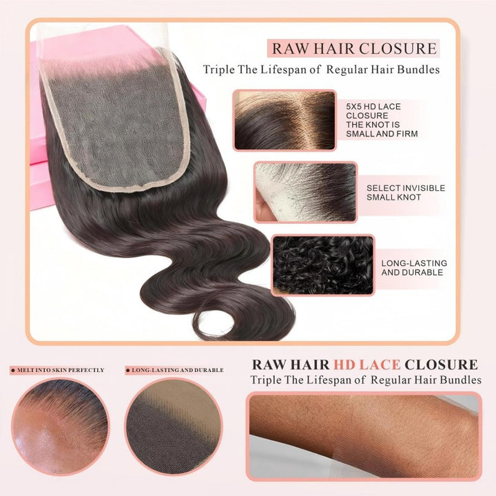 5x5 Skinlike Real HD Lace Closure with 3 Bundles Body Wave