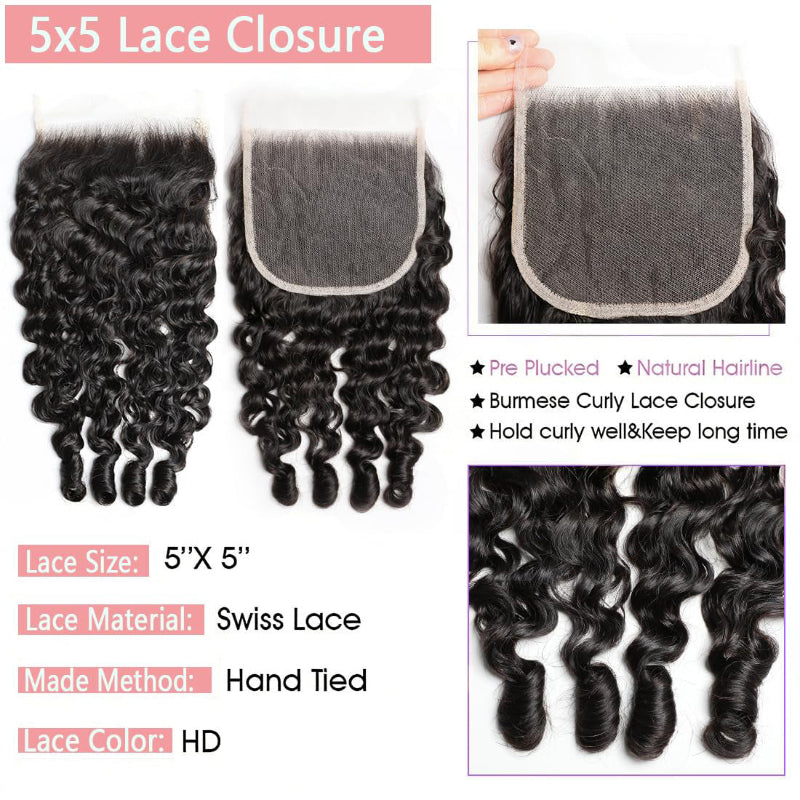 5x5 Skinlike Real HD Lace Closure with 3 Bundles Burmese Curly