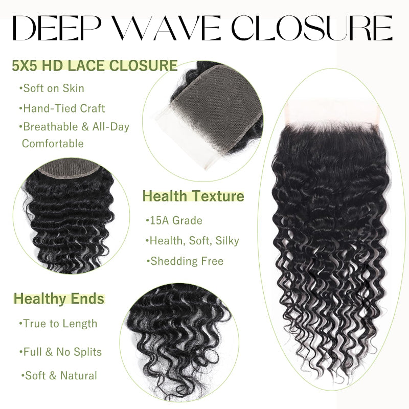 5x5 Skinlike Real HD Lace Closure with 3 Bundles Deep Wave