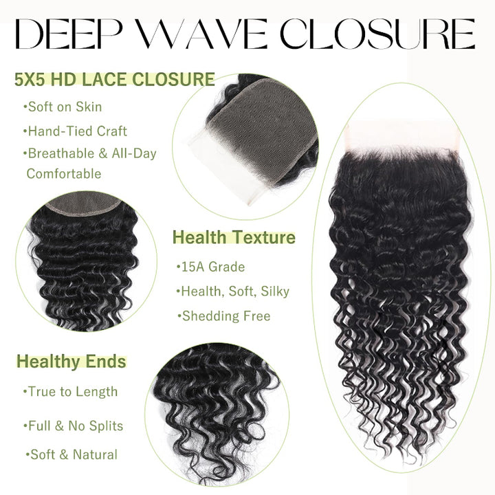 5x5 Skinlike Real HD Lace Closure with 3 Bundles Deep Wave