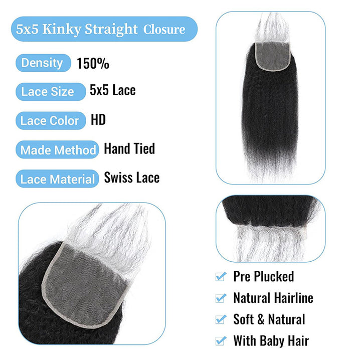 5x5 Skinlike Real HD Lace Closure with 3 Bundles Kinky Straight