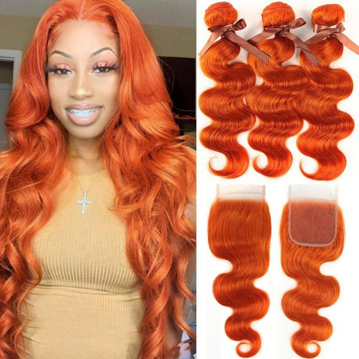 5x5 Skinlike Real Transparent Lace Closure with #350 Ginger Orange 3 Bundles Body Wave