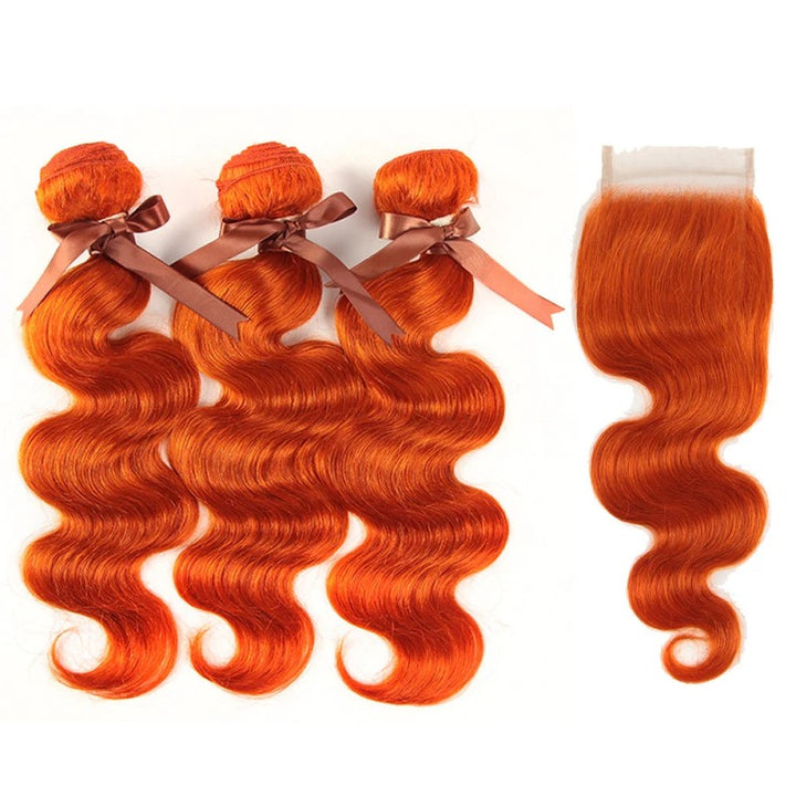 5x5 Skinlike Real Transparent Lace Closure with #350 Ginger Orange 3 Bundles Body Wave