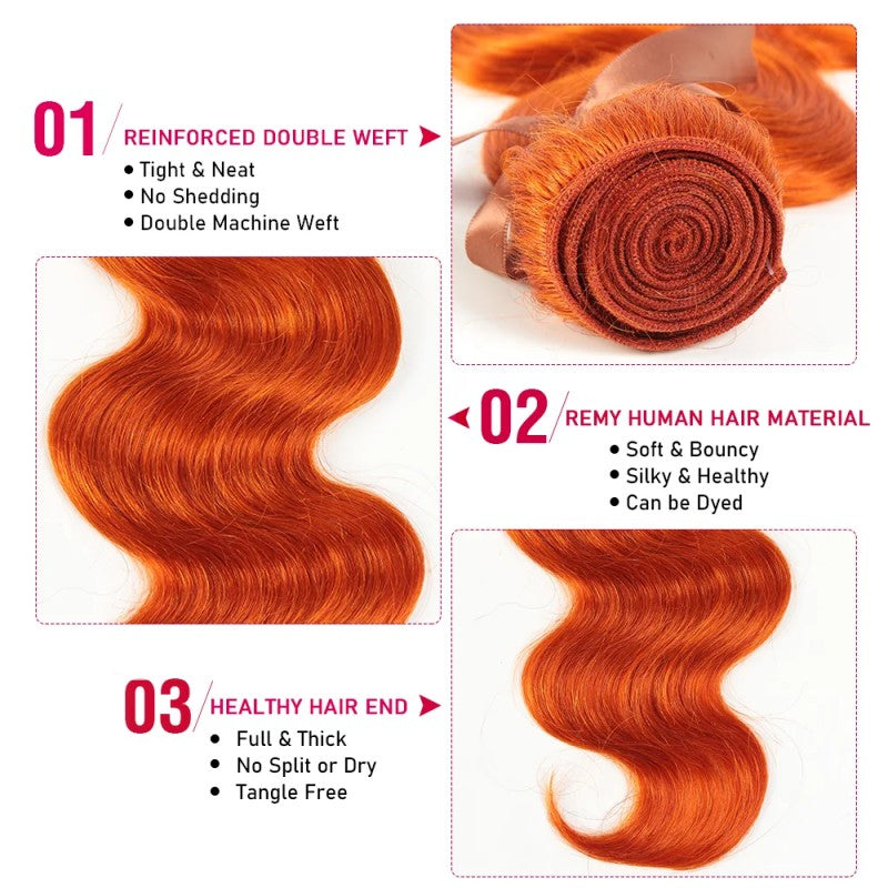 5x5 Skinlike Real Transparent Lace Closure with #350 Ginger Orange 3 Bundles Body Wave