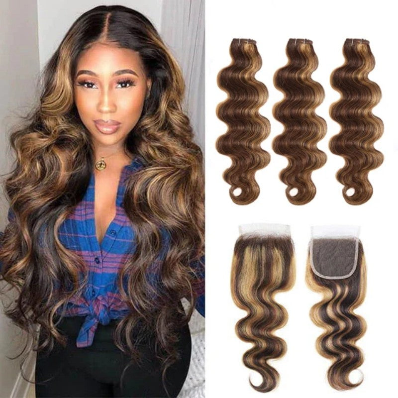 5x5 Skinlike Real Transparent Lace Closure with Highlight Piano Brown Blonde 3 Bundles Body Wave