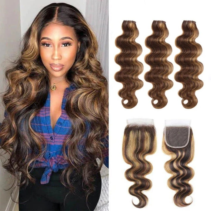 5x5 Skinlike Real Transparent Lace Closure with Highlight Piano Brown Blonde 3 Bundles Body Wave