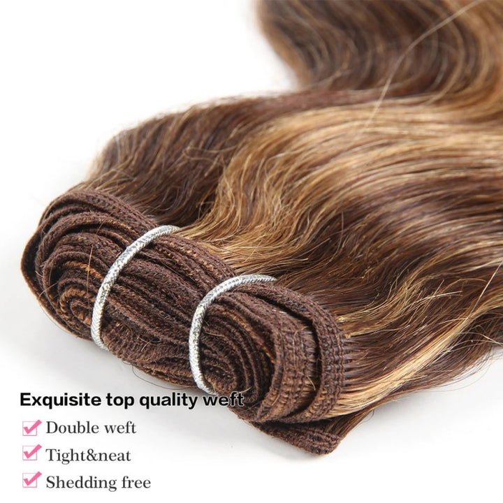 5x5 Skinlike Real Transparent Lace Closure with Highlight Piano Brown Blonde 3 Bundles Body Wave