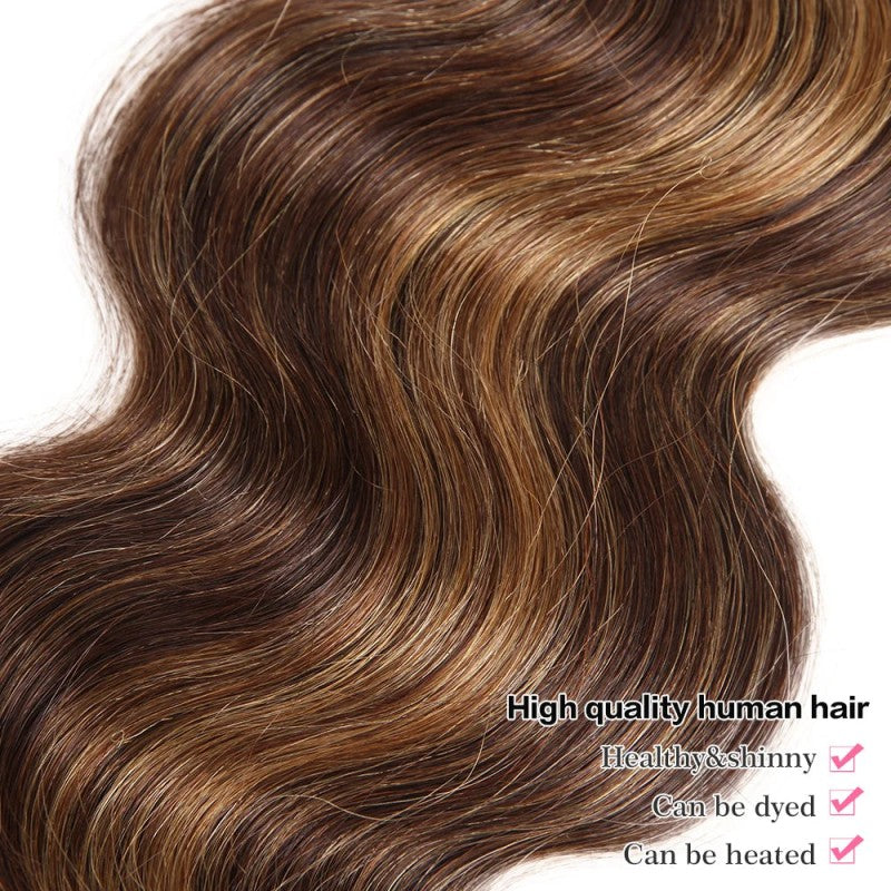 5x5 Skinlike Real Transparent Lace Closure with Highlight Piano Brown Blonde 3 Bundles Body Wave