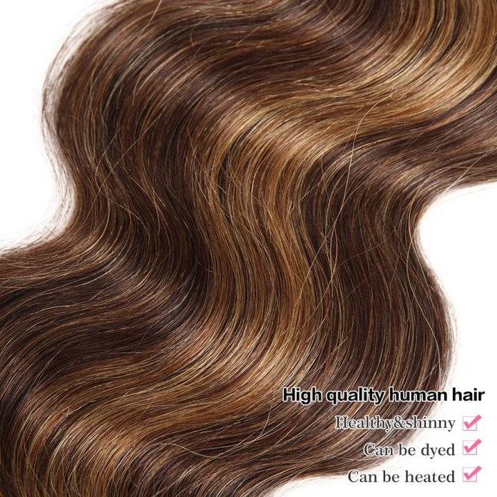 5x5 Skinlike Real Transparent Lace Closure with Highlight Piano Brown Blonde 3 Bundles Body Wave