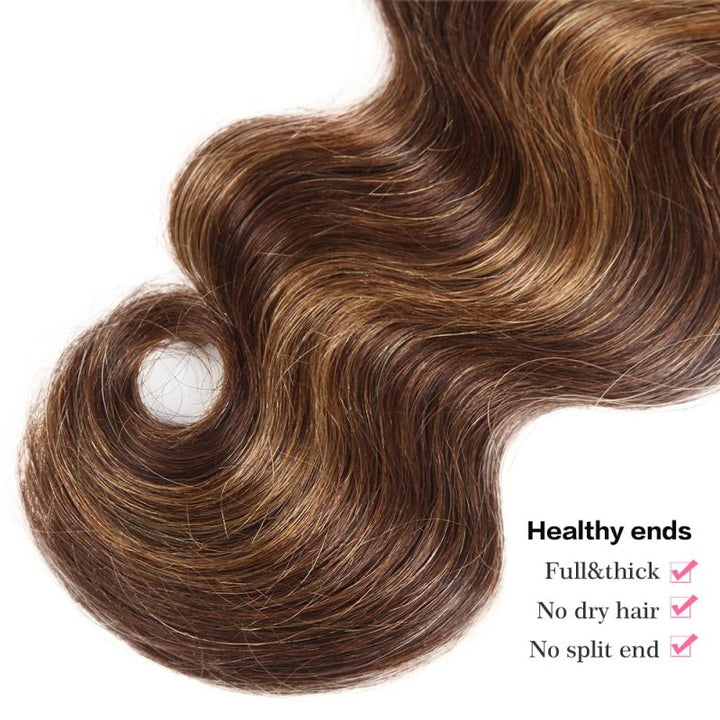 5x5 Skinlike Real Transparent Lace Closure with Highlight Piano Brown Blonde 3 Bundles Body Wave