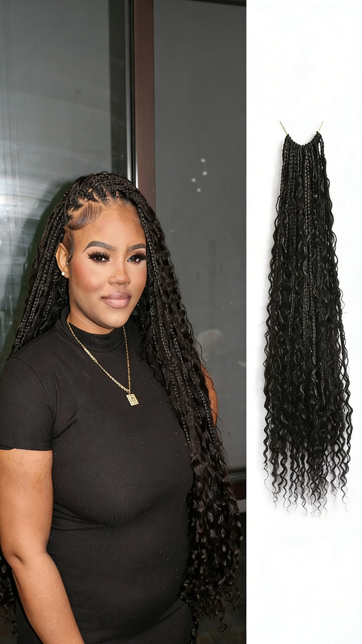Boho Box Braid Crochet Hair with Human Hair Curls Crochet Braids Synthetic Braids with Human Hair Curls Ends for Black Women