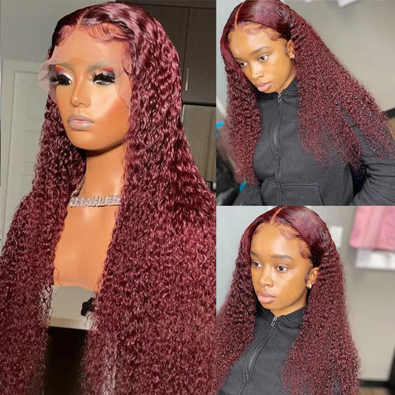 #99J Burgundy Color Kinky Curly 13x4 Transparent Full Lace Frontal Wig