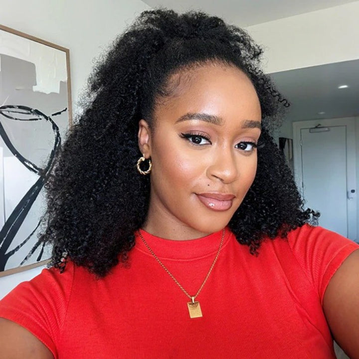KRN Afro Curly Half Wig Flexible Fit Drawstring Human Hair Wig
