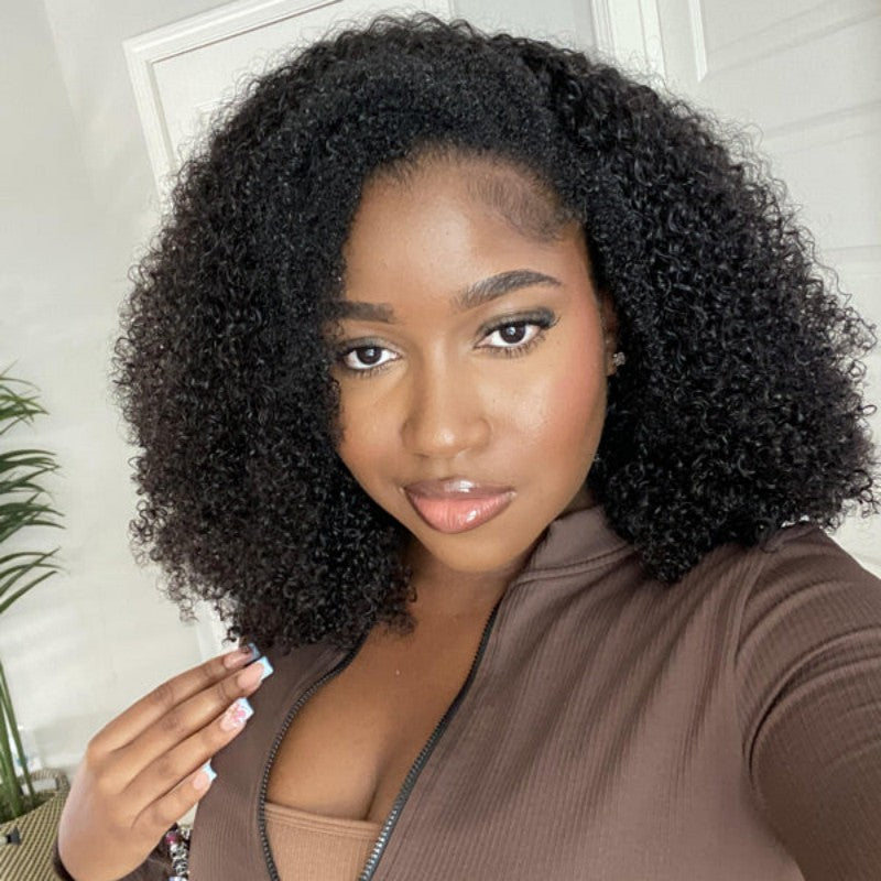 KRN Afro Curly Half Wig Flexible Fit Drawstring Human Hair Wig