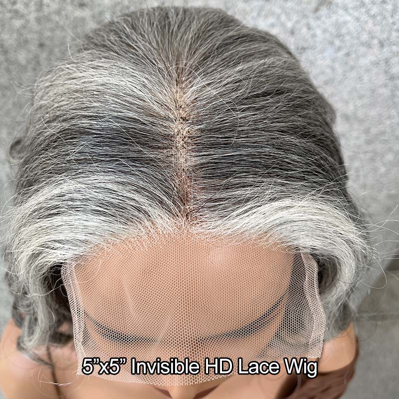 Big Loose Wave Bob Transparent Lace Salt Pepper 5x5 Closure Wig