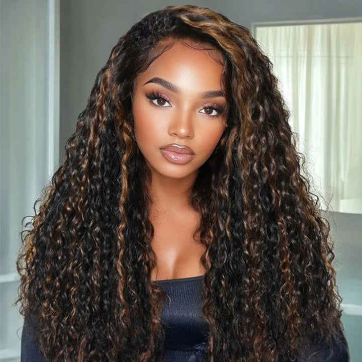 Black With Golden Brown Highlight Water Wave Half Wig Drawstring Human Hair Wig