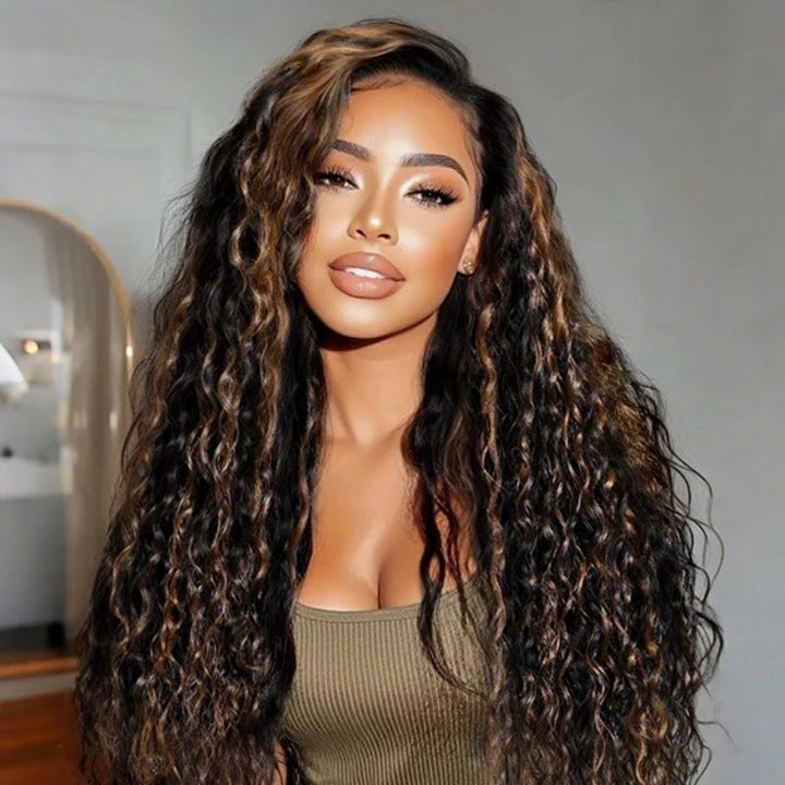 Black With Golden Brown Highlight Water Wave Half Wig Drawstring Human Hair Wig