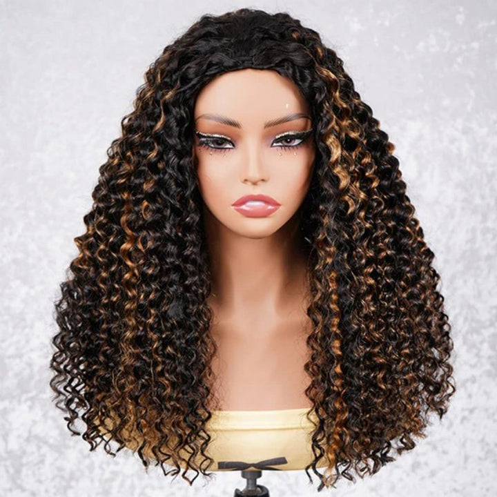 Black With Golden Brown Highlight Water Wave Half Wig Drawstring Human Hair Wig