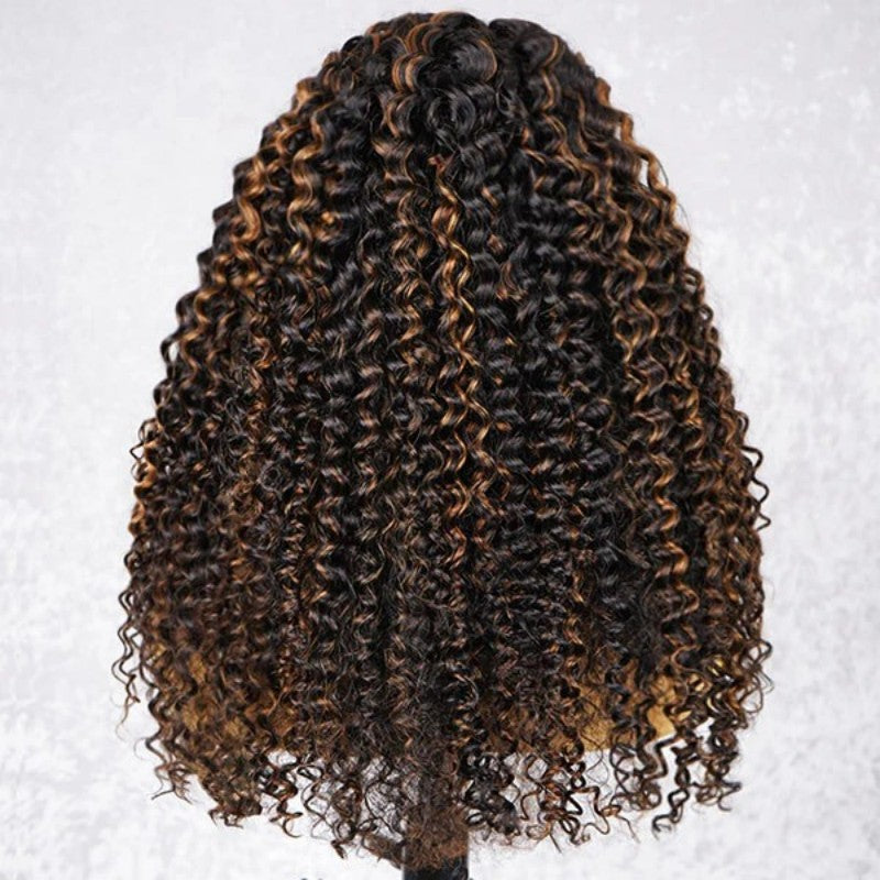 Black With Golden Brown Highlight Water Wave Half Wig Drawstring Human Hair Wig