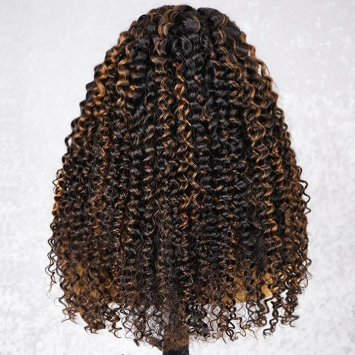 Black With Golden Brown Highlight Water Wave Half Wig Drawstring Human Hair Wig