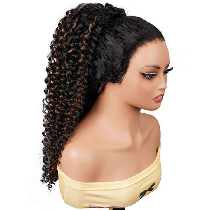 Black With Golden Brown Highlight Water Wave Half Wig Drawstring Human Hair Wig
