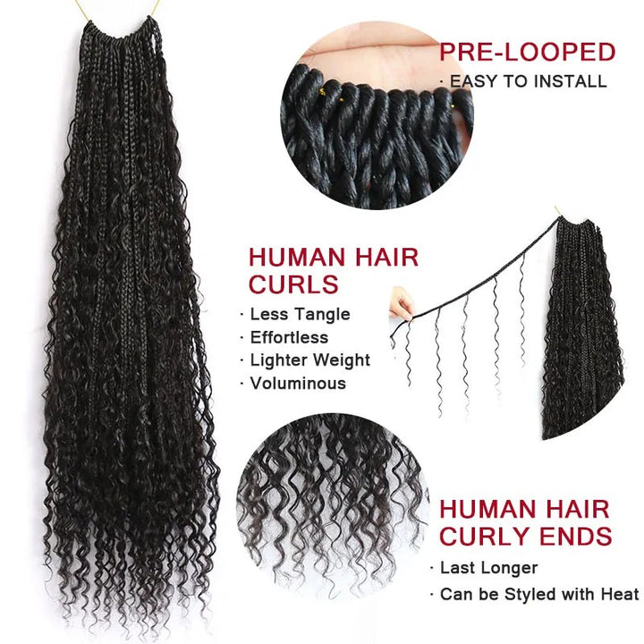Boho Box Braid Crochet Hair with Human Hair Curls Crochet Braids Synthetic Braids with Human Hair Curls Ends for Black Women