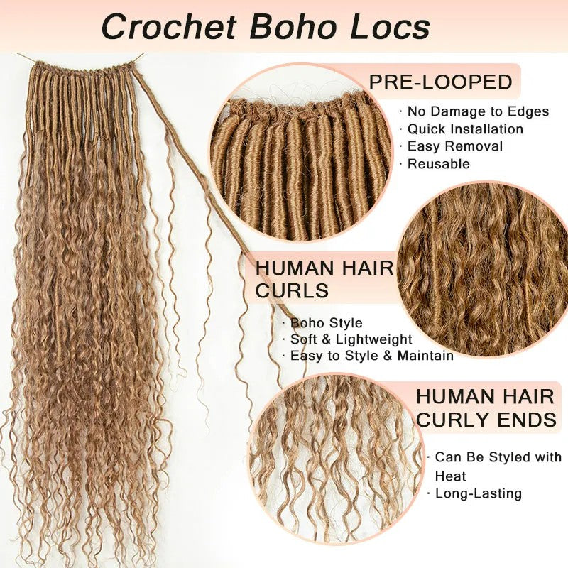Curls #27 Honey Blonde Pre-looped Crochet Boho Locs With Human Hair Curls