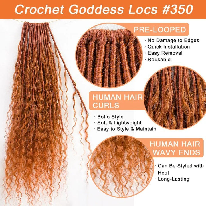 Curls #350 Solid Ginger Pre-looped Crochet Boho Locs With Human Hair Curls